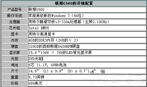 联想G560的配置情况：